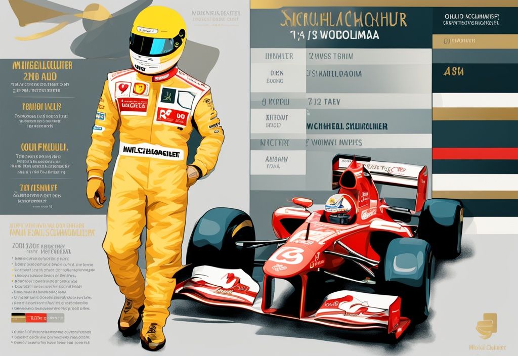 Illustrazione digitale moderna con tema dorato che confronta il patrimonio di Michael Schumacher con altri piloti di Formula 1 rinomati.