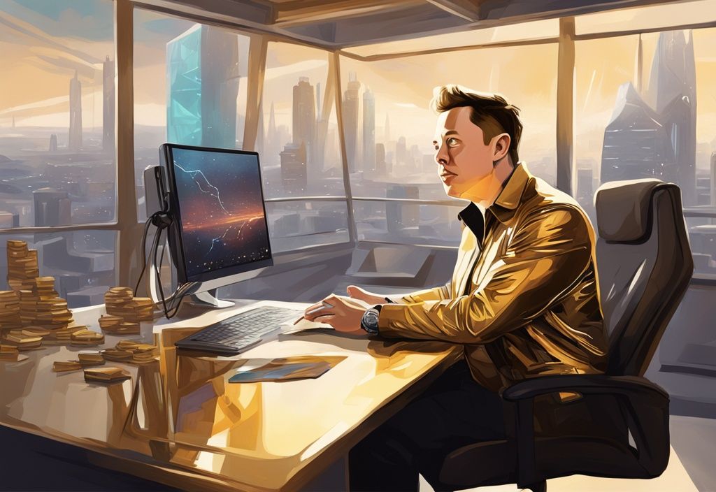 Illustrazione digitale moderna di Elon Musk in un ufficio futuristico con una città sullo sfondo dominata da edifici Tesla e SpaceX, tema colore oro.