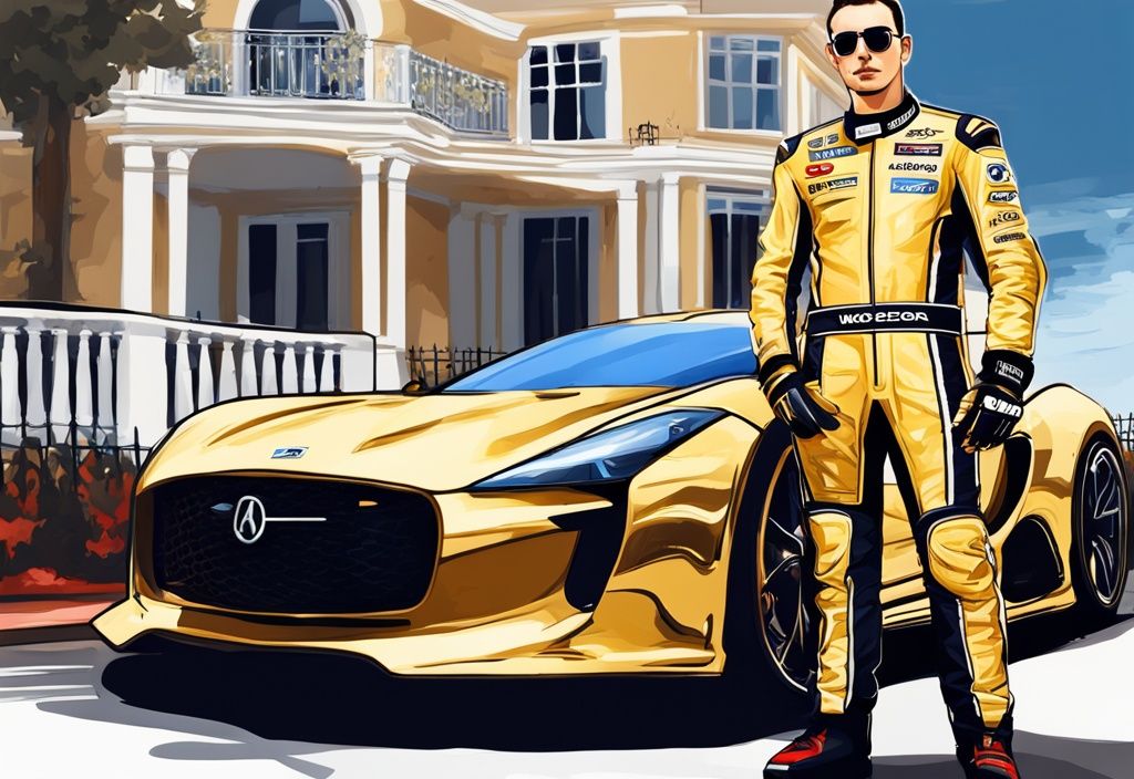 Illustrazione digitale moderna di Jorge Lorenzo accanto alla sua lussuosa auto sportiva e alla sua moderna villa, simbolo del suo notevole patrimonio. Parole chiave: Jorge Lorenzo patrimonio.