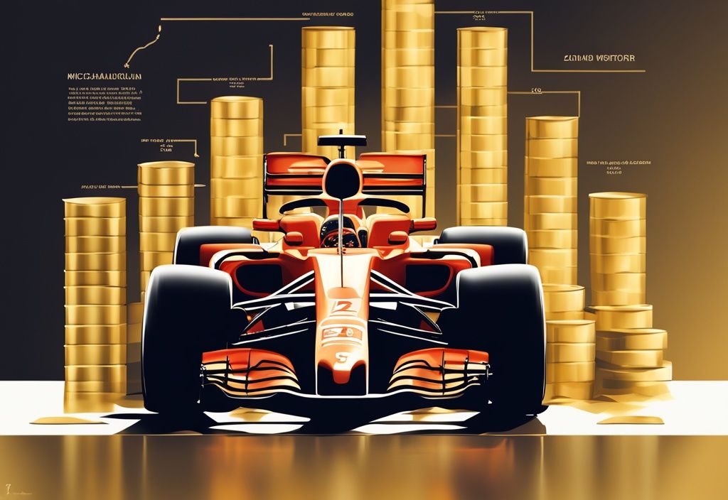 Illustrazione digitale moderna con tema dorato che mostra un'infografica sui guadagni di Michael Schumacher durante la sua carriera, con un podio alto che rappresenta il suo elevato patrimonio netto.