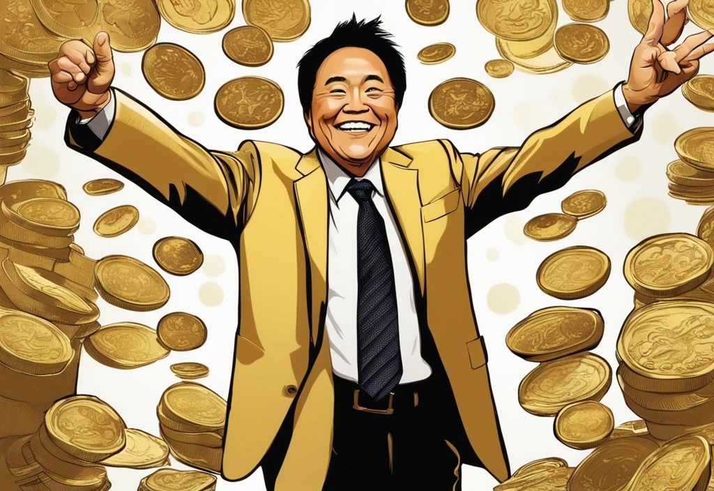 Illustrazione digitale moderna con Robert Kiyosaki che sorride e indica un grafico di azioni in crescita e numerose monete d'oro simboleggianti ricchezza.