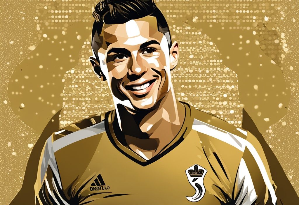 Cristiano Ronaldo patrimonio, ritratto digitale moderno con tema dorato, Ronaldo sorridente appoggiato su un pallone d'oro e diamanti.