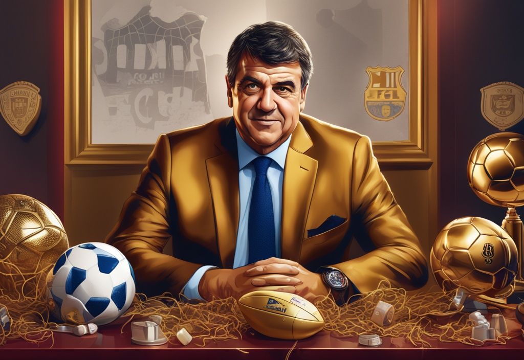 Illustrazione digitale moderna di Joan Laporta, presidente del FC Barcelona, appoggiato con fiducia su un tavolo con artefatti calcistici, sfondo lussuoso che indica il suo patrimonio netto, tema colore oro.