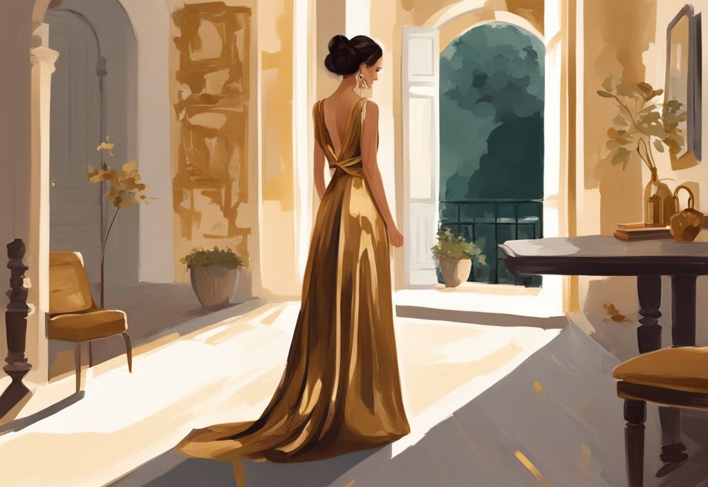 Illustrazione digitale moderna con tema principale dorato: Letizia Ortiz in un elegante abito esplora pacificamente la sua casa ancestrale in Spagna.