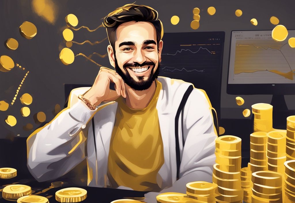 Illustrazione digitale moderna di Ibai Llanos, streamer spagnolo, in abbigliamento casual, sorridente con grafico di azioni in aumento sullo sfondo, tema colore oro.