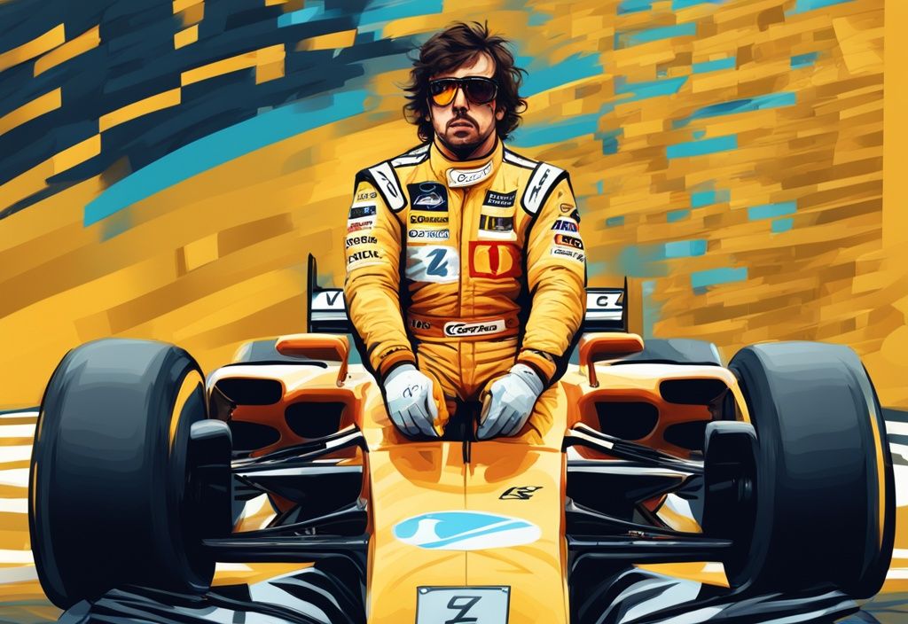 Fernando Alonso in tenuta da corsa davanti a numeri astratti e simboli del dollaro, illustrazione digitale moderna con tema dorato.