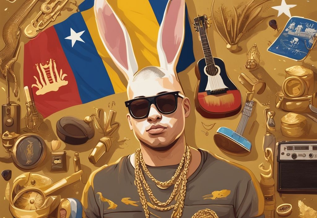 Illustrazione digitale moderna di Bad Bunny con tema dorato, circondato da bandiera portoricana, strumenti musicali tradizionali e monumenti iconici.