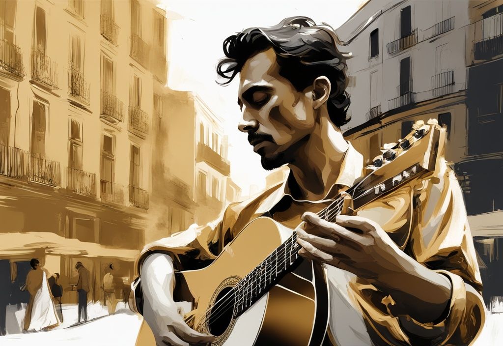 Illustrazione digitale moderna con tema principale dorato raffigurante un'immagine monocromatica di Rodolfo Sancho, con elementi traslucidi che rappresentano la sua ascendenza spagnola, come un paesaggio urbano spagnolo sbiadito e una chitarra flamenca.