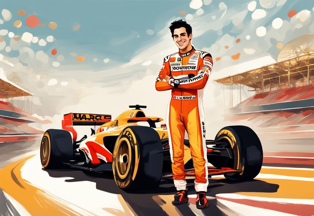 Illustrazione digitale moderna di Marc Márquez sul circuito di gara con auto di lusso, una villa grandiosa e pile di monete d'oro sullo sfondo, riflettendo il patrimonio di Marc Márquez.