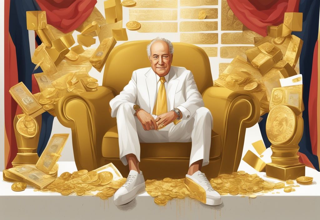 Illustrazione digitale moderna di Amancio Ortega con tema oro, simboli di ricchezza come denaro, oggetti di lusso e proprietà.