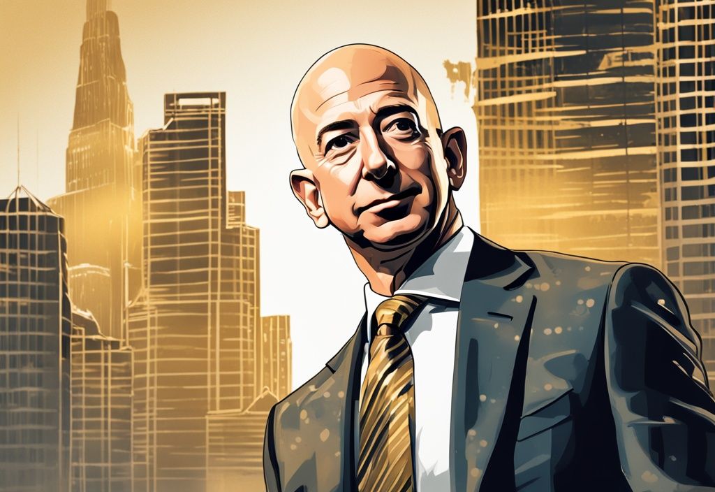 Illustrazione digitale moderna con tema dorato: Jeff Bezos in piedi con fiducia davanti a grattacieli, il più alto con logo Amazon e contatore digitale in aumento rapido, rappresentando il suo patrimonio netto. Parola chiave: Jeff Bezos patrimonio.