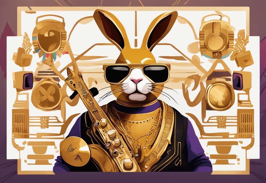 Illustrazione digitale moderna con tema dorato raffigurante Bad Bunny tra elementi simbolici del patrimonio portoricano, come strumenti musicali tradizionali, fauna locale e icone culturali.