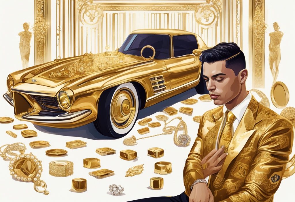 Illustrazione digitale moderna di Cristiano Nodal in un ambiente opulento, circondato da auto di lusso, dischi d'oro e gioielli sontuosi, evidenziando il tema del patrimonio di Cristiano Nodal.