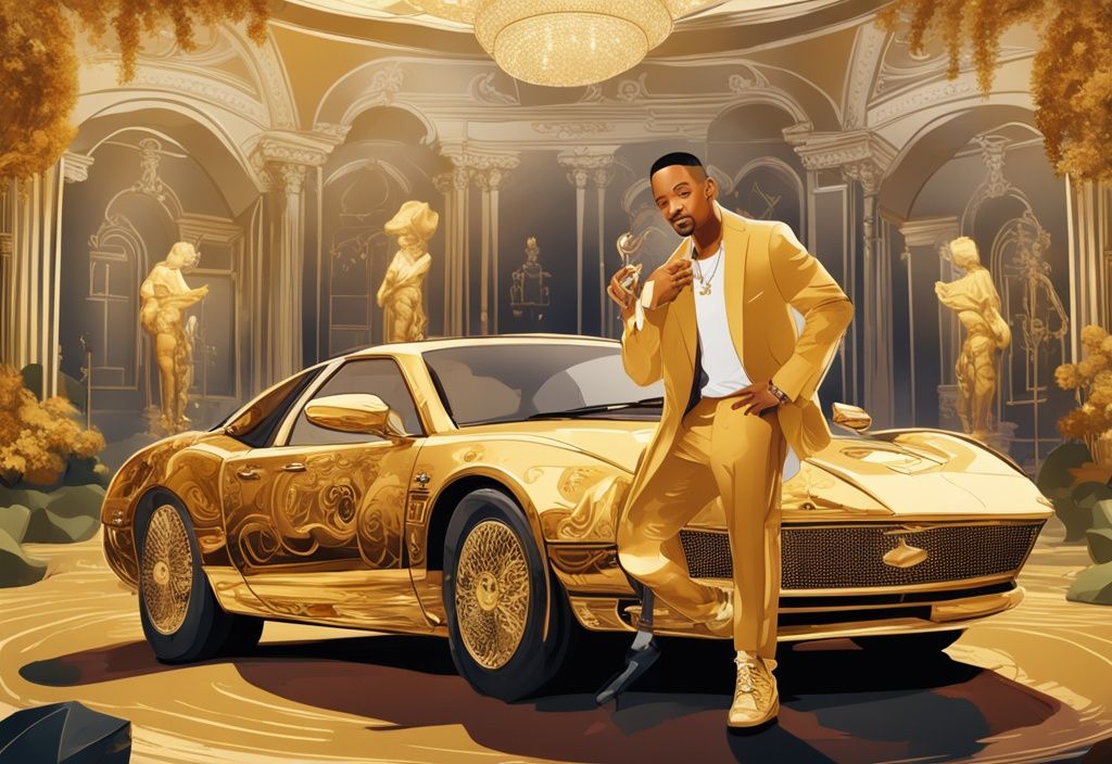 Illustrazione digitale moderna di Will Smith in un ambiente lussuoso, circondato da simboli di ricchezza come auto di lusso, una villa e denaro, con tema principale color oro.