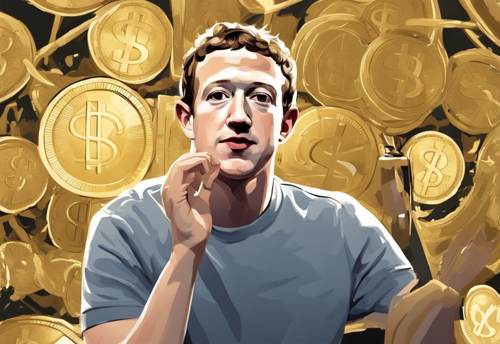 Mark Zuckerberg patrimonio in aumento, appoggiato su un grande simbolo del dollaro dorato in una moderna illustrazione digitale.