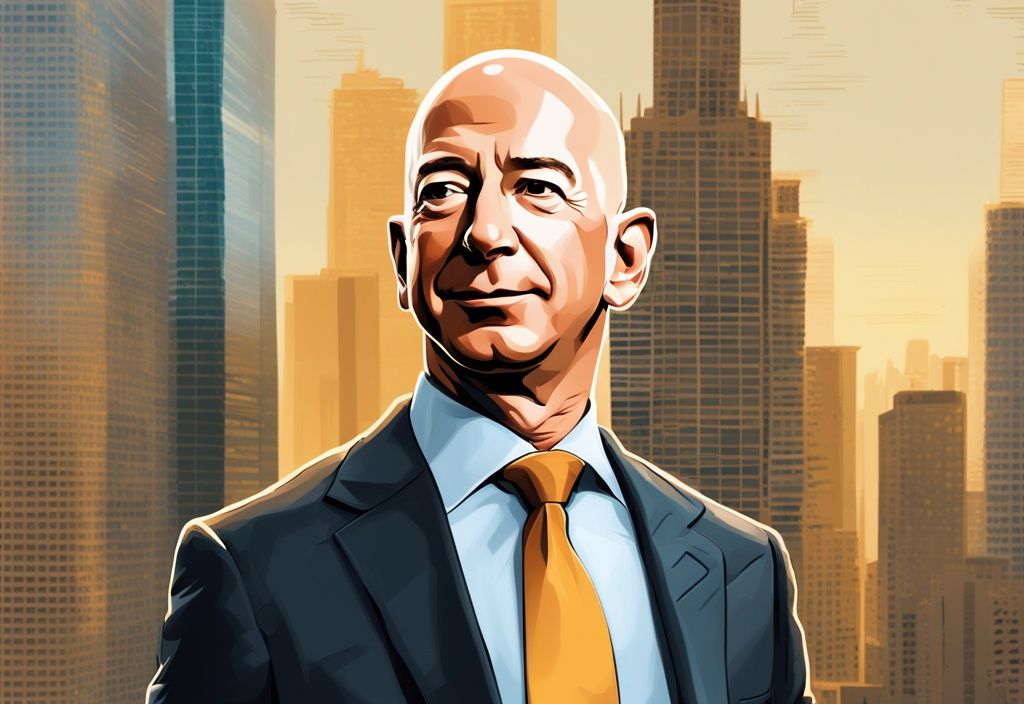 Illustrazione digitale moderna con Jeff Bezos in piedi con sicurezza, grattacieli sullo sfondo, il più alto con il logo Amazon e un contatore digitale in rapido aumento, rappresentando il patrimonio netto di Jeff Bezos.