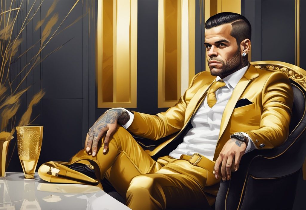 Dani Alves ben vestito seduto in un ambiente lussuoso, illustrazione digitale moderna con tema oro, che rappresenta il suo notevole patrimonio netto.