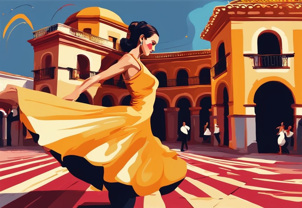 Illustrazione digitale moderna di una ballerina di flamenco colorata che si esibisce con passione tra l'architettura tradizionale spagnola, simbolo del patrimonio El Turronero, con tema cromatico dorato.