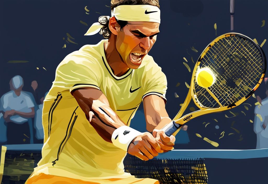 Illustrazione digitale moderna di Rafa Nadal su un campo da tennis, con racchetta di lusso e borsa piena di soldi, tema principale colore oro - Rafa Nadal patrimonio.