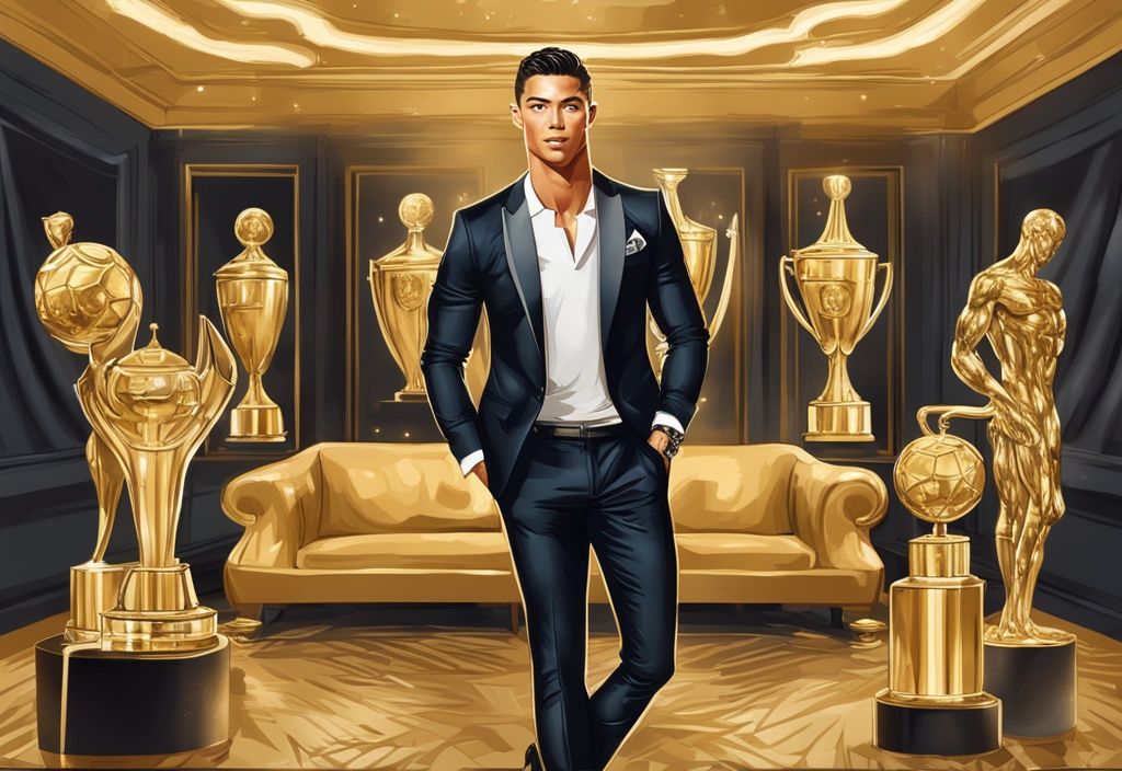 Illustrazione digitale moderna di Cristiano Ronaldo in una stanza lussuosa decorata in oro, accanto ai suoi numerosi premi e trofei, simbolo del suo alto patrimonio netto.