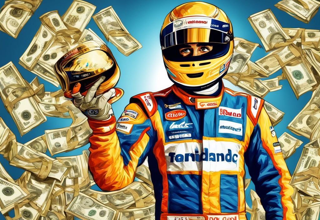 Illustrazione moderna digitale con tema dorato, raffigurante Fernando Alonso nel suo abbigliamento da corsa, con un casco in mano e uno sfondo pieno di banconote; Fernando Alonso patrimonio.