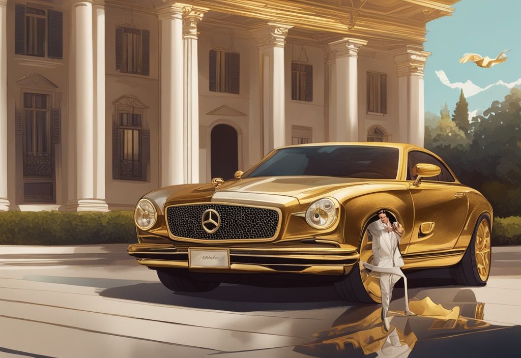 Illustrazione digitale moderna di Cristiano Nodal con una villa di lusso e un'auto di lusso sullo sfondo, tema principale oro, simbolo del suo notevole patrimonio netto