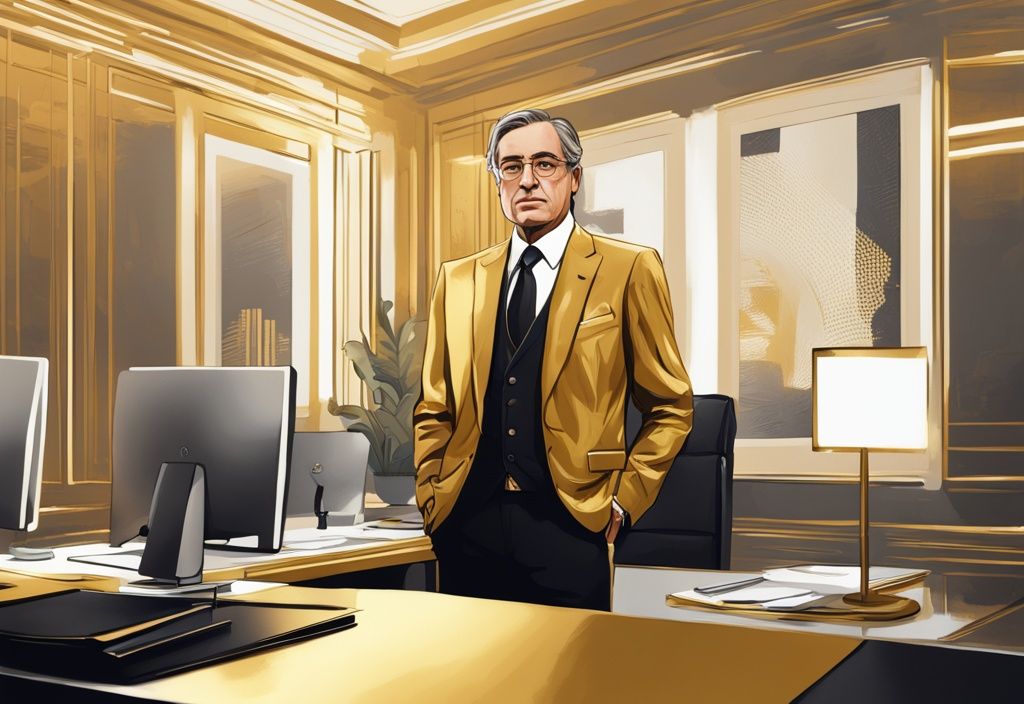 Illustrazione digitale moderna di Florentino Pérez nel suo ufficio di lusso con uno schermo che mostra il suo alto patrimonio netto, tema colore oro, Florentino Pérez patrimonio.