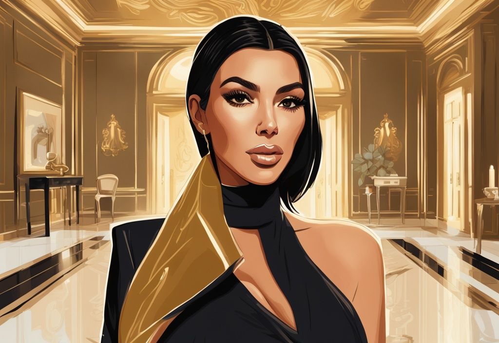 Illustrazione digitale moderna di Kim Kardashian in una sontuosa villa con tema dorato e numero luminoso che rappresenta il suo patrimonio netto.