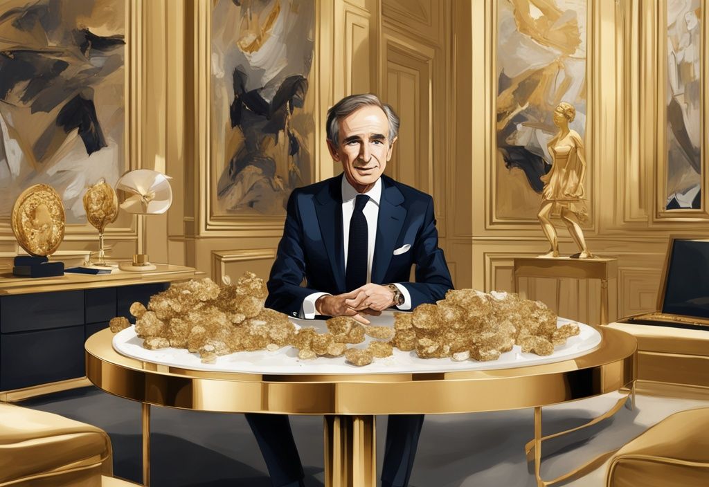 Illustrazione digitale moderna di Bernard Arnault contro uno sfondo di prodotti di lusso e indicatori di ricchezza, tema colore oro, Bernard Arnault patrimonio.