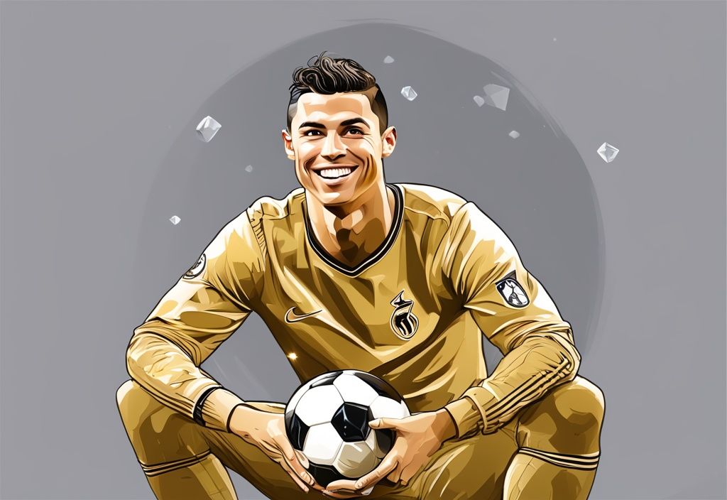 Cristiano Ronaldo sorridente appoggiato a un pallone d'oro e diamanti che simboleggia il suo patrimonio