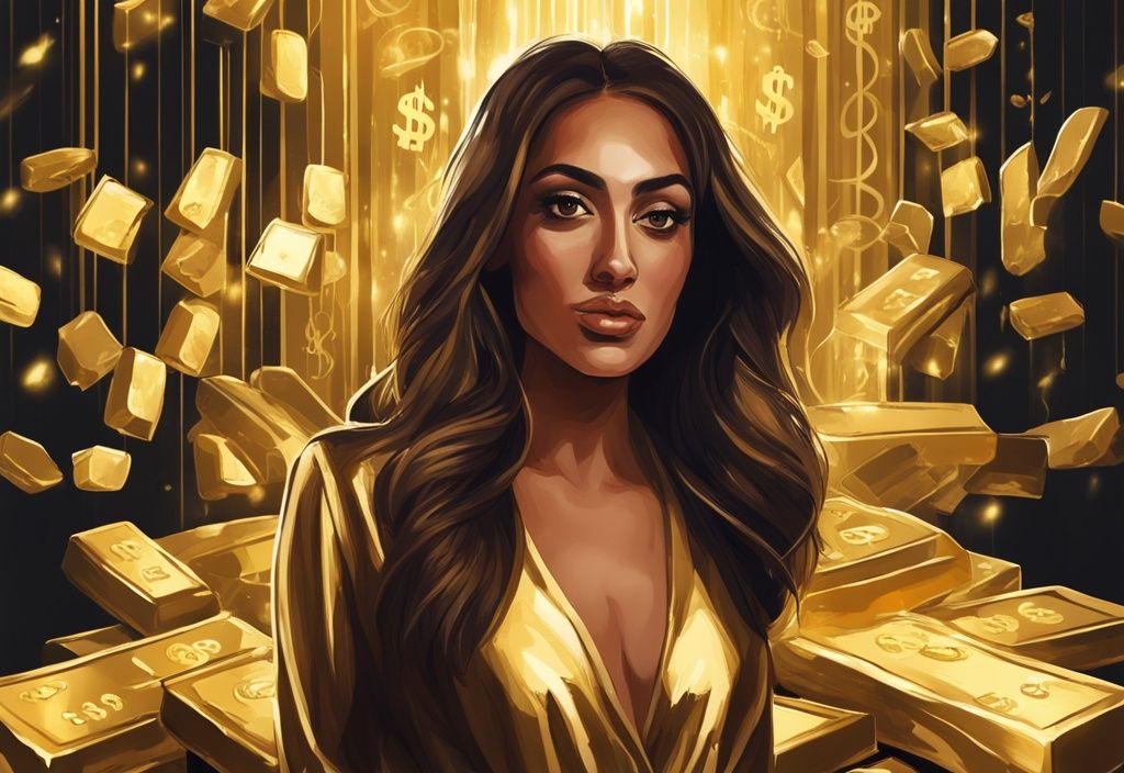 Illustrazione digitale moderna con Hiba Abouk elegante, circondata da lingotti d'oro e simboli del dollaro, sotto un riflettore.