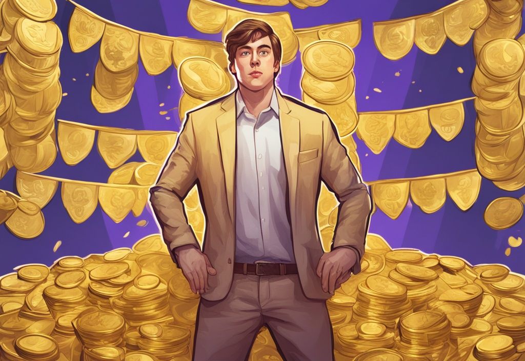 Illustrazione digitale moderna di Mr. Beast con monete d'oro e banconote, simbolo del suo patrimonio netto stimato.