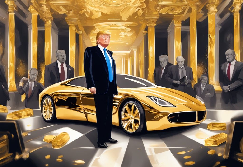 Donald Trump patrimonio in un'illustrazione digitale moderna, circondato da simboli di ricchezza come auto di lusso, edifici grandiosi e lingotti d'oro.