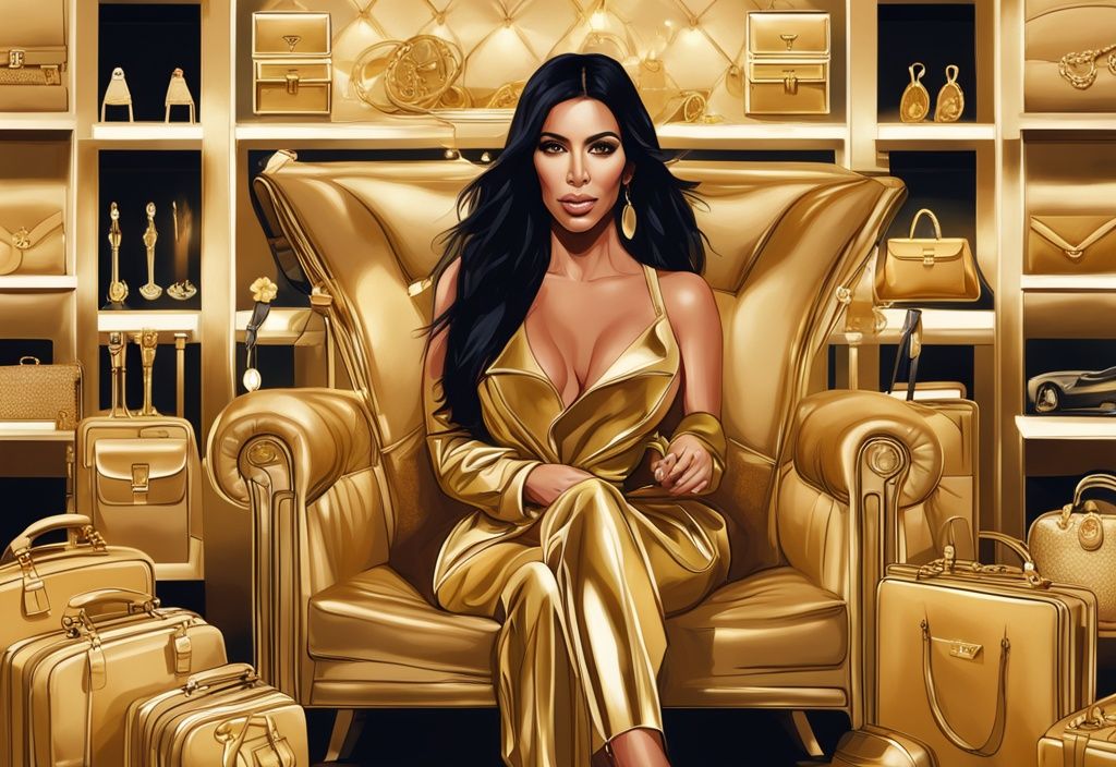 Illustrazione digitale moderna con Kim Kardashian in un ambiente lussuoso, circondata da simboli di ricchezza come borse di design, gioielli costosi e un'auto di alta gamma, Kim Kardashian patrimonio.