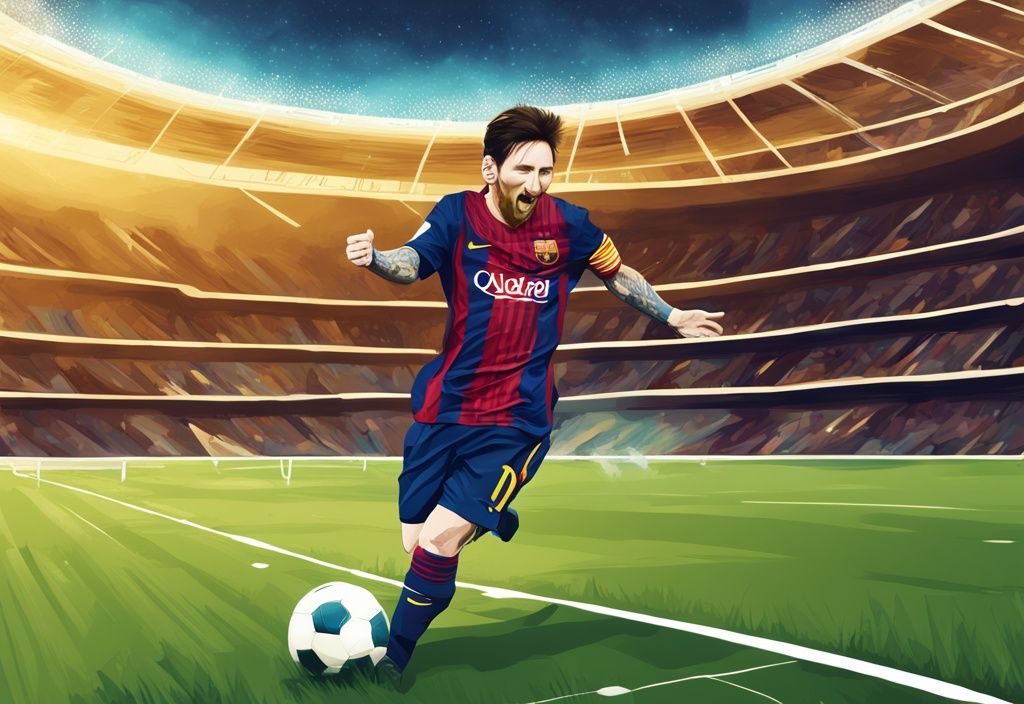 Illustrazione digitale moderna con tema dorato che mostra la crescita esponenziale del patrimonio di Messi nel corso degli anni, con una foto di alta qualità di Messi in azione sul campo da calcio come sfondo.