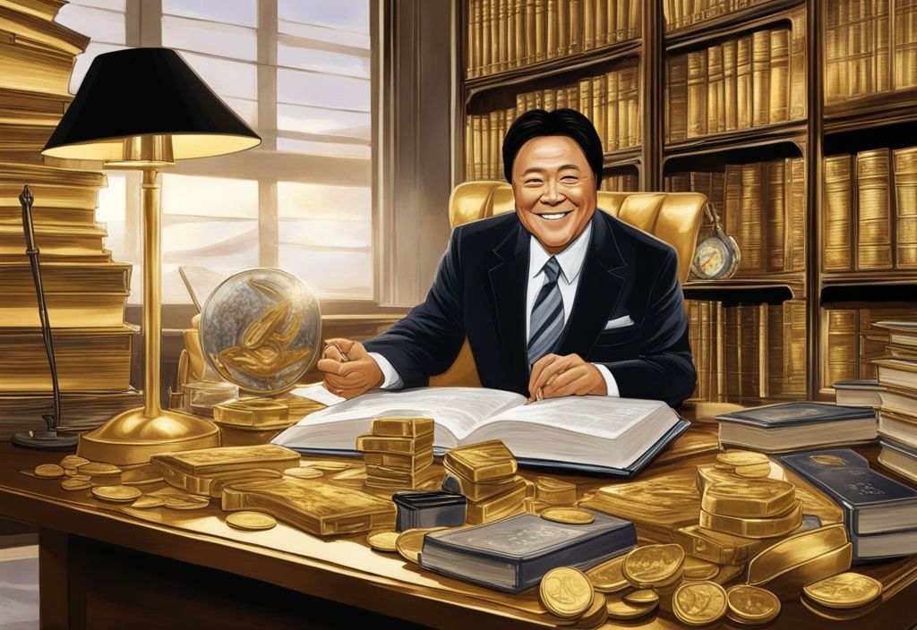 Illustrazione digitale moderna di Robert Kiyosaki in uno studio elegante con libri su investimenti e affari, monete d'oro e lingotto d'argento su una scrivania in quercia massiccia, simboli del suo vasto patrimonio.