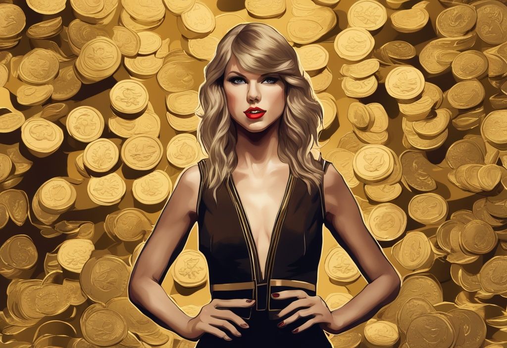 Illustrazione digitale moderna con Taylor Swift in piedi fiduciosa davanti a uno sfondo di numerose monete d'oro, rappresentando il suo considerevole patrimonio. Keyword: Taylor Swift patrimonio.