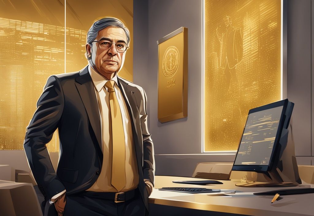 Florentino Pérez patrimonio in un'illustrazione digitale moderna in ufficio lussuoso con schermo di computer che mostra cifre del suo alto patrimonio netto