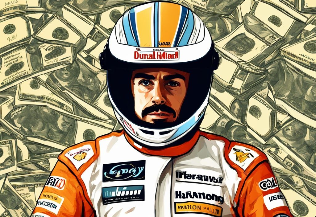 Fernando Alonso in tuta da corsa con casco, sfondo con numerose banconote, illustrazione digitale moderna, Fernando Alonso patrimonio.