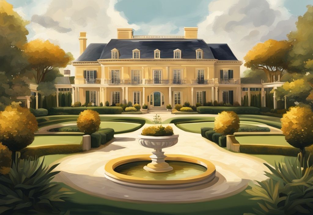 Illustrazione digitale moderna raffigurante il lussuoso tenuta di Bertín Osborne con tema principale dorato, mostrando la villa, i giardini paesaggistici e l'ambiente sereno circostante.