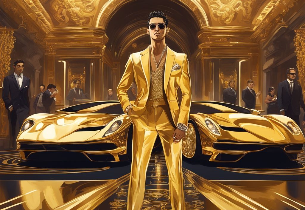 Cristiano Nodal patrimonio in un'illustrazione digitale moderna, circondato da simboli di ricchezza come auto di lusso, dischi d'oro e gioielli sontuosi.