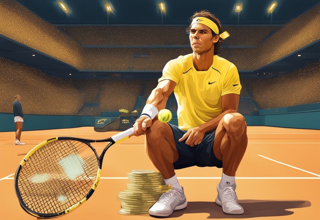 Illustrazione digitale moderna di Rafa Nadal su un campo da tennis, con una racchetta di alta qualità e una borsa piena di soldi in primo piano, tema colore oro - Rafa Nadal patrimonio.