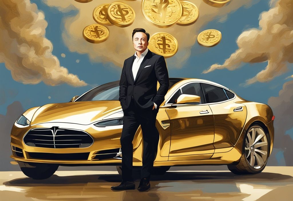 Illustrazione digitale moderna di Elon Musk patrimonio con tema dorato, circondato da simboli di ricchezza come nuvole a forma di dollaro, auto di lusso e ville sontuose.