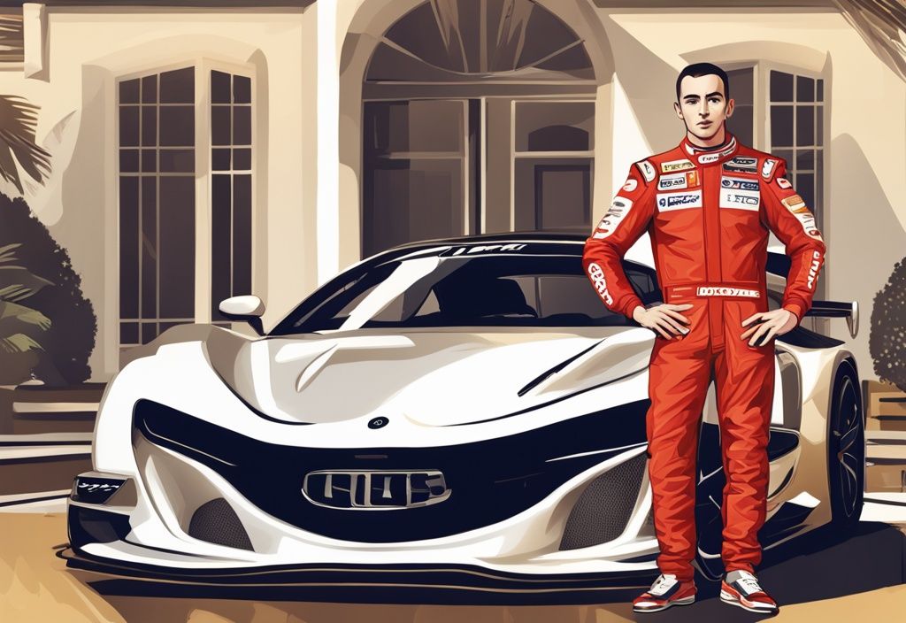 Illustrazione digitale moderna con Jorge Lorenzo accanto alla sua auto sportiva di lusso e alla sua moderna villa, simbolo del suo notevole patrimonio.