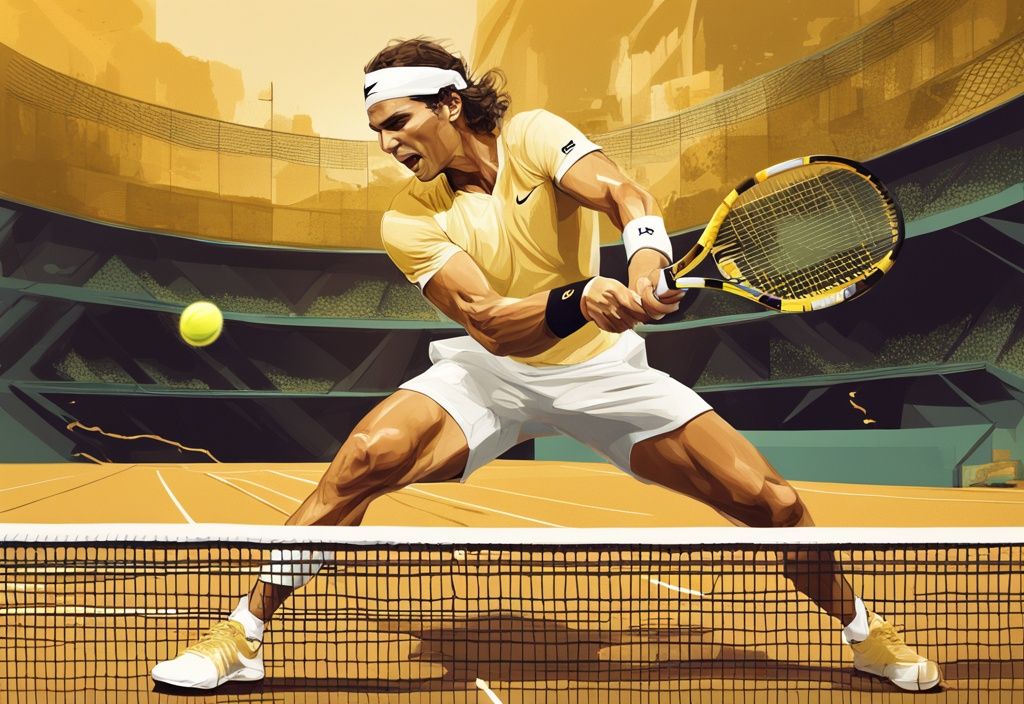 Illustrazione digitale moderna di Rafa Nadal in azione sul campo da tennis con tema dorato, infografica del patrimonio netto stimato con pile di denaro e statistiche.