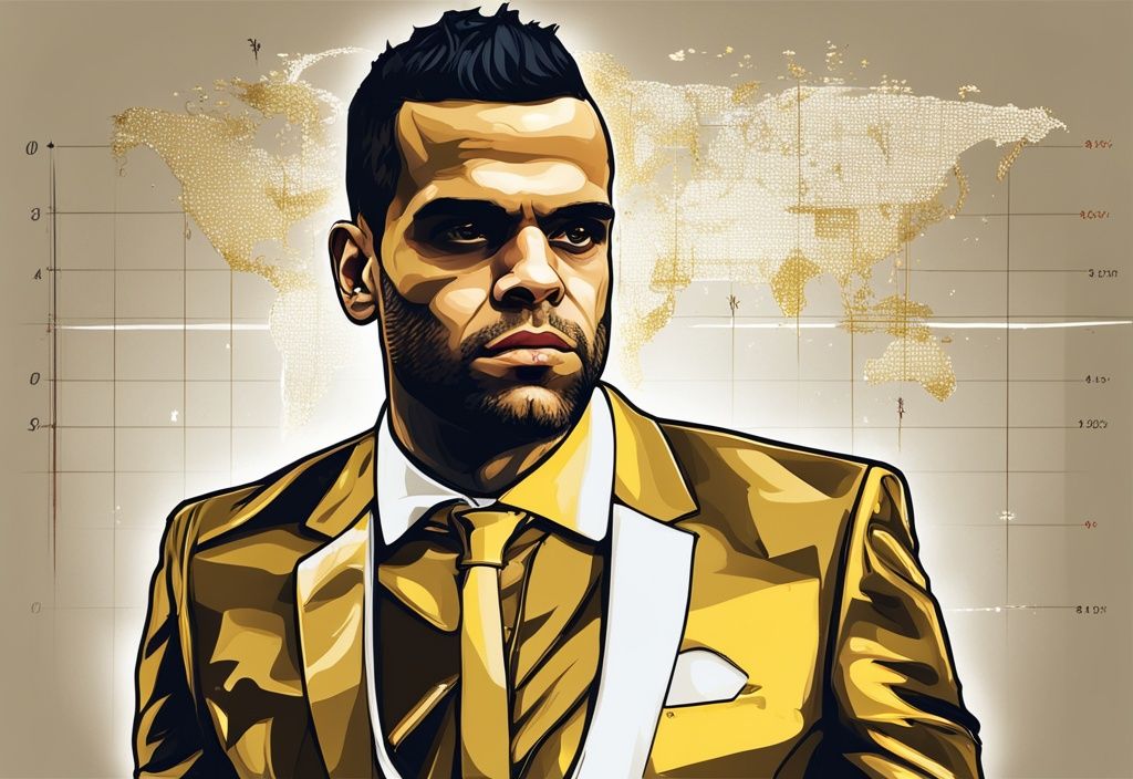 Illustrazione digitale moderna in oro con Dani Alves elegantemente vestito accanto a un grafico in aumento, simbolo del patrimonio di Dani Alves.