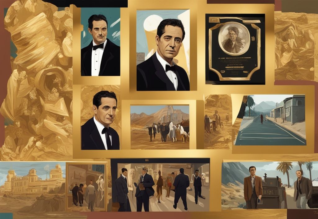 Illustrazione digitale moderna con tema dorato, collage di foto che mostrano il percorso di Santiago Segura attraverso vari set cinematografici, cerimonie di premiazione e immagini familiari, dimostrando la sua ricca eredità culturale e professionale.