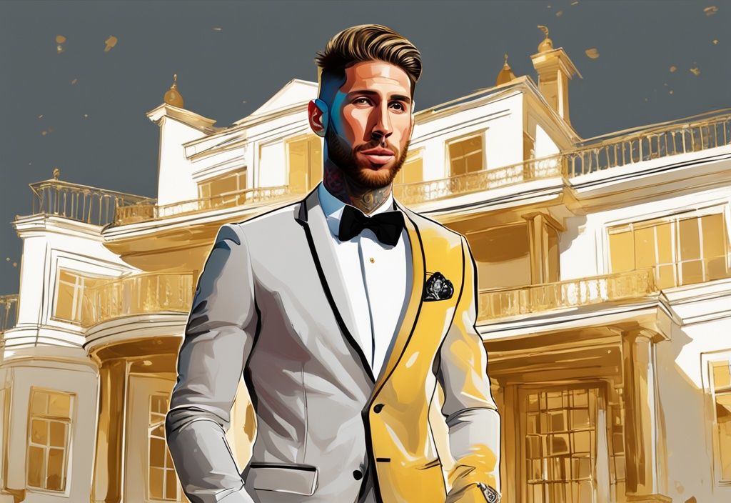 Illustrazione digitale moderna di Sergio Ramos in abbigliamento costoso davanti alla sua lussuosa villa, con sovrapposizione grafica che indica il suo patrimonio netto stimato, tema colore oro.