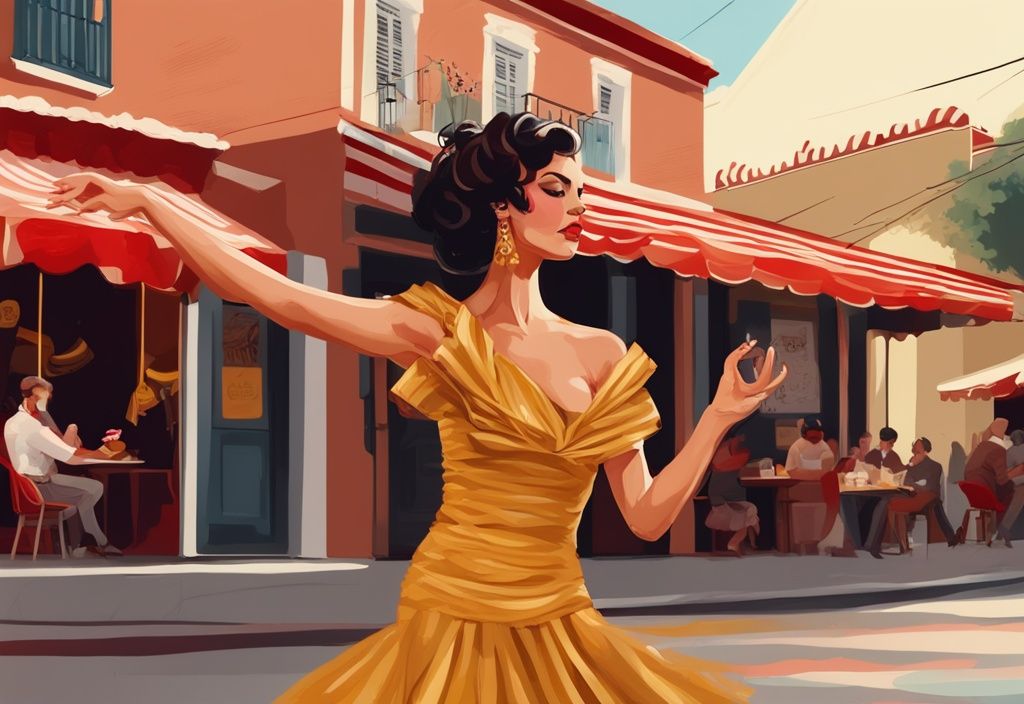 Ballerina di flamenco che danza appassionatamente davanti a un negozio di dolci vintage El Turronero patrimonio nelle strade di Andalusia, con tema principale in oro.