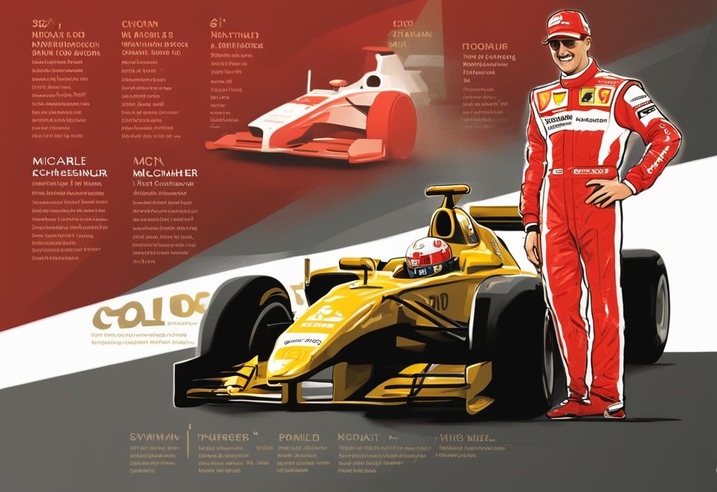 Illustrazione digitale moderna con tema dorato che confronta il patrimonio di Michael Schumacher con altri famosi piloti di Formula 1.